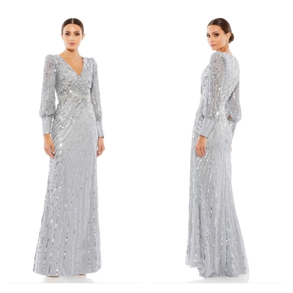 Mac Duggal 5501 NWT SEQUINED WRAP OVER BISHOP SLEEVE GOWN